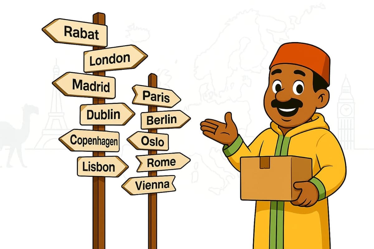 Morocco to Europe transportation illustration showing a Moroccan character with signposts pointing to European cities